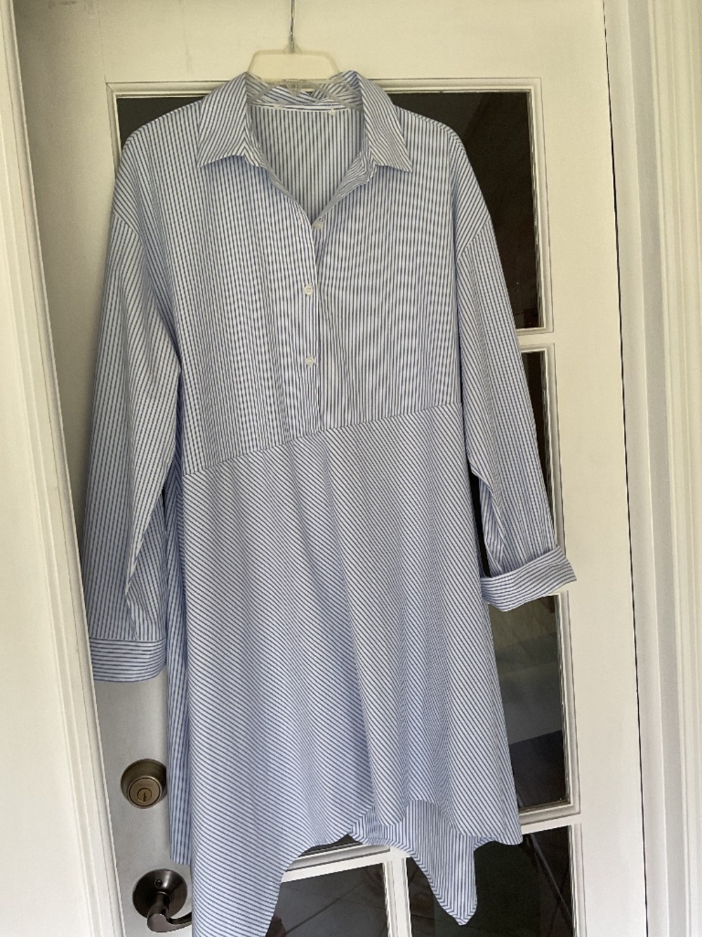 Blue/White Pin-striped flared bottom summer dress; 48% Cotton, 48% Polyester and